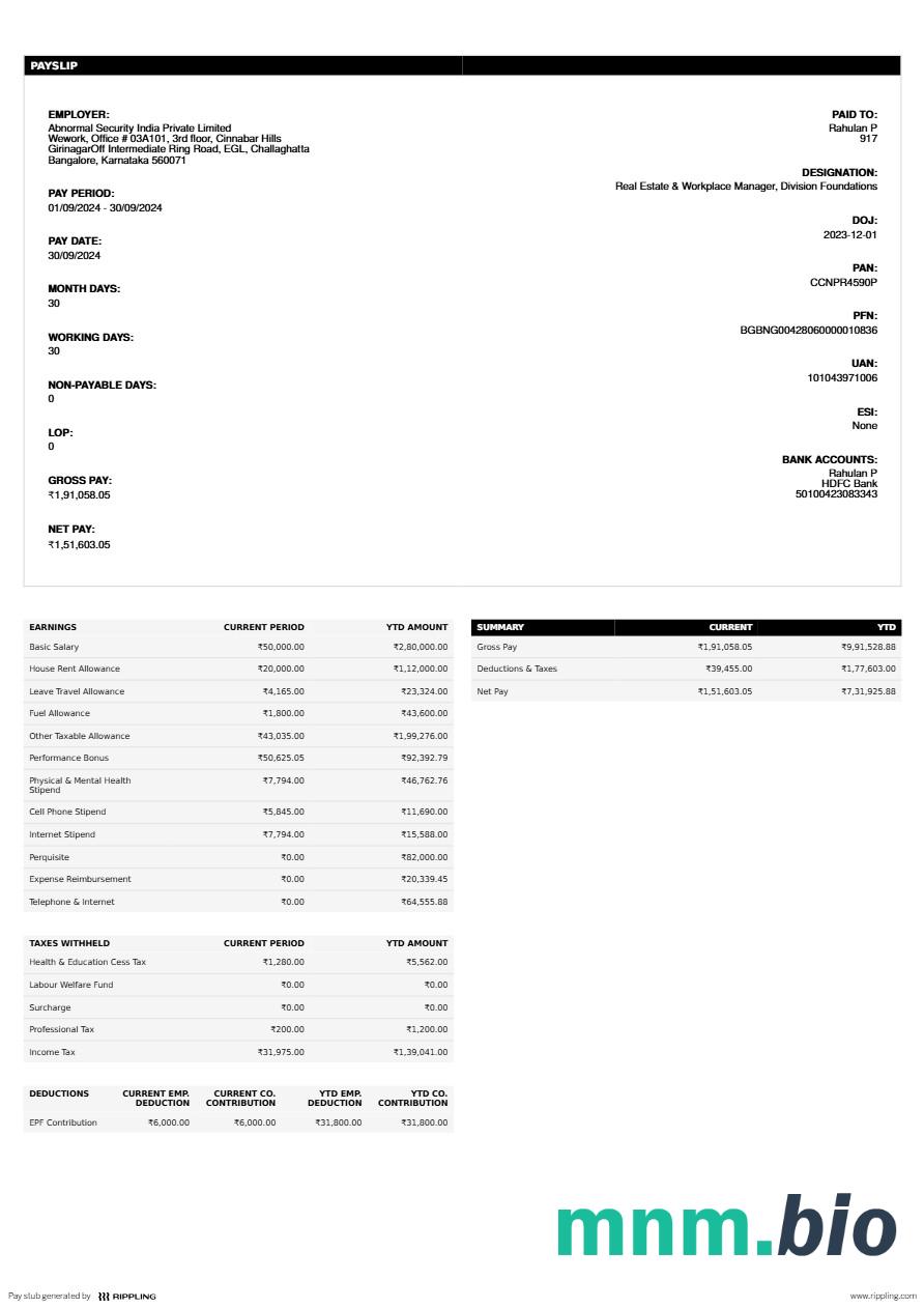 Nienormalne bezpieczeństwo Indie Private Limited payslip szablon w formatach Word i PDF